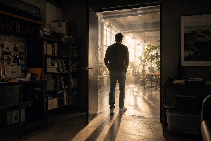 a man moving from a cluttered space into new potential