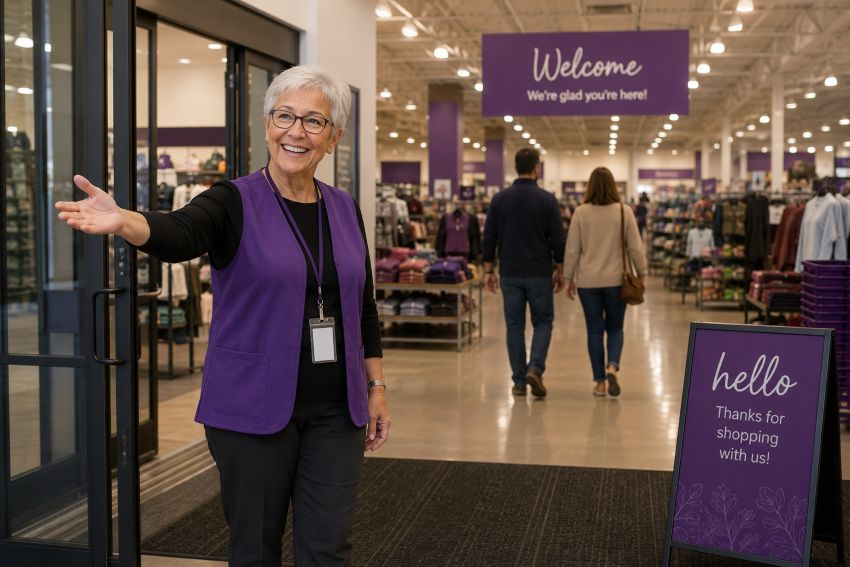 senior citizen in a department store working as a greeter
